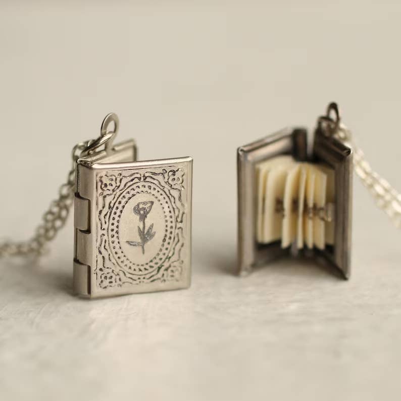 Flower Engraved Book locket necklace (with hidden pages inside!)