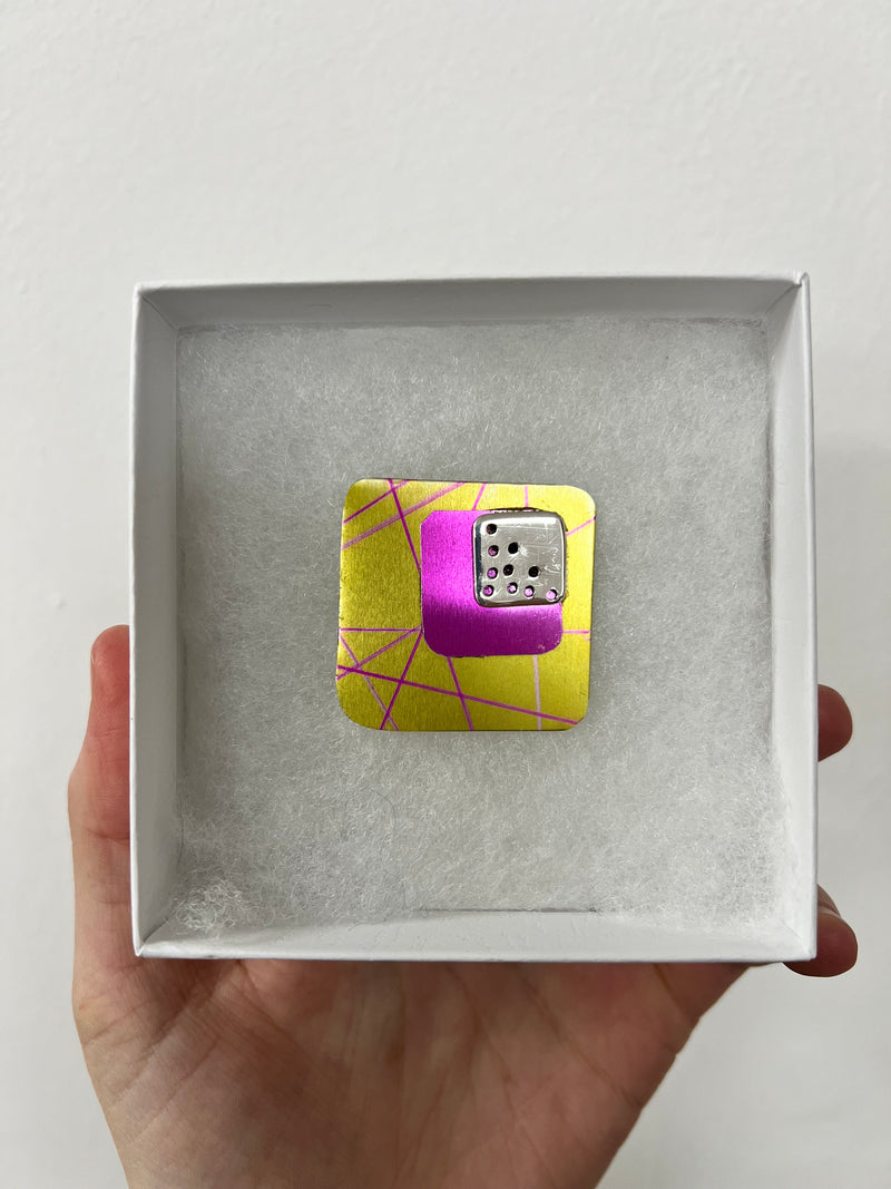 Unique pink and yellow aluminium sterling silver pin brooch