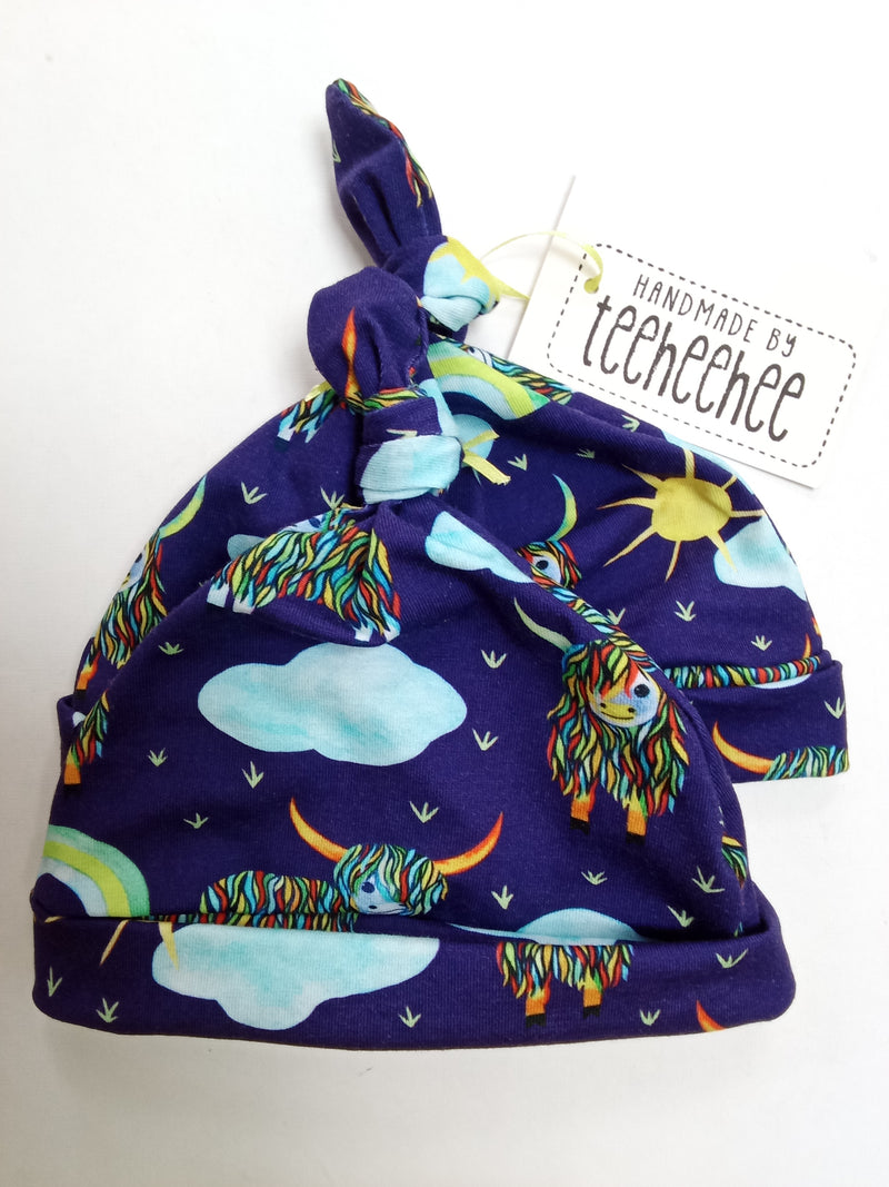 Baby knotted hat - highland cows and rainbows print
