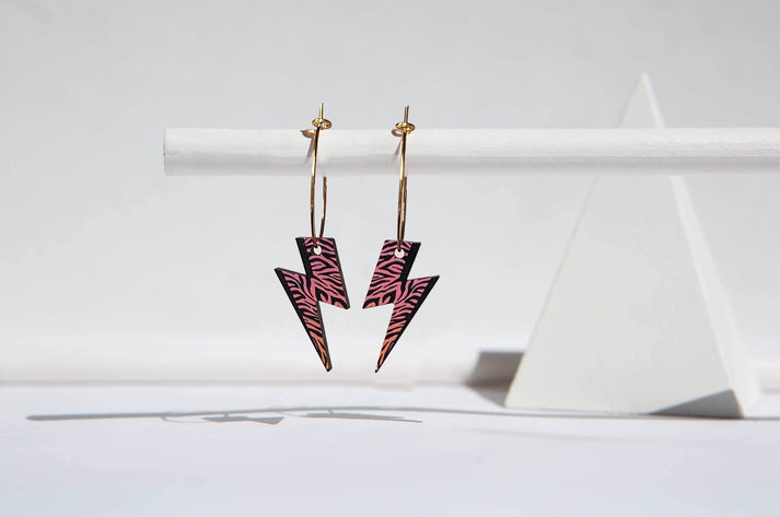 Printed wooden 'Rebel Rebel' lightning bolt hoops