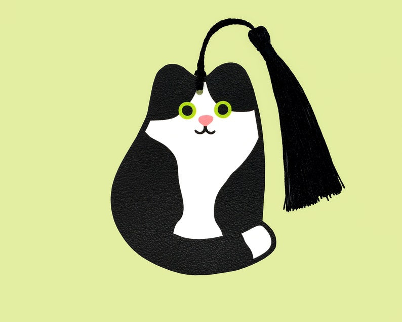 Black & white cat faux leather bookmark