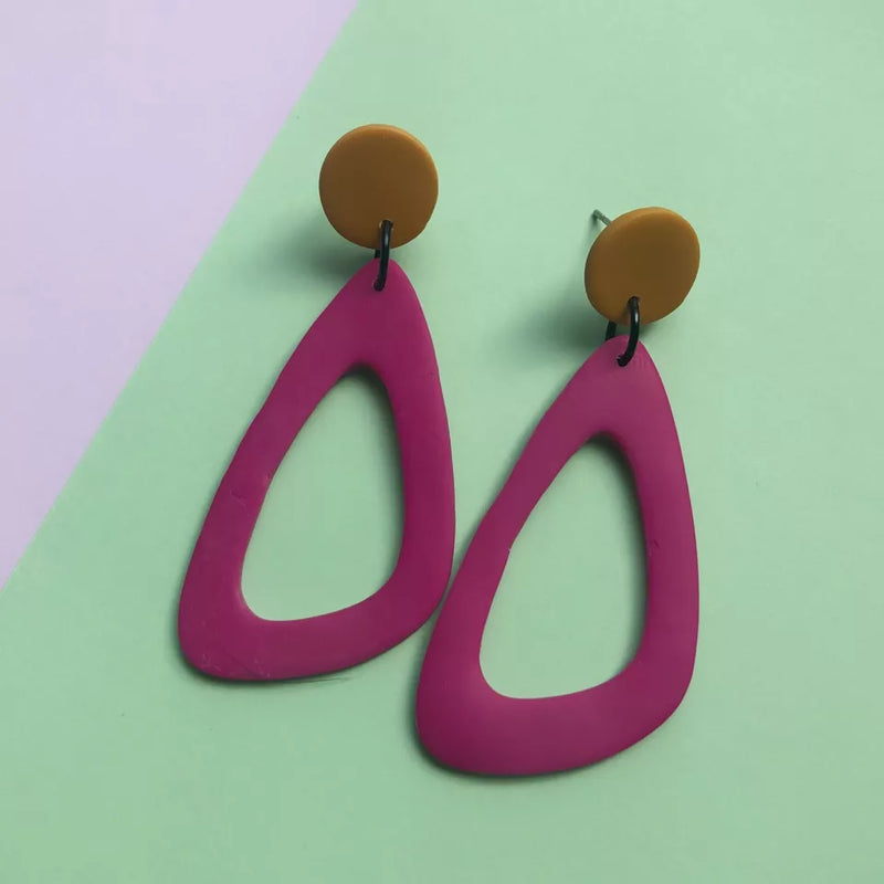 Statement triangle drop earrings - hot pink & mustard