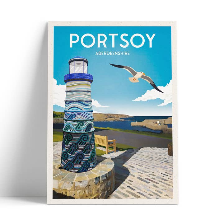 Portsoy lighthouse statue A4 travel poster print