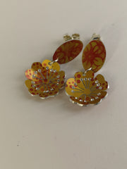 Hand coloured aluminium oval & blossom earrings