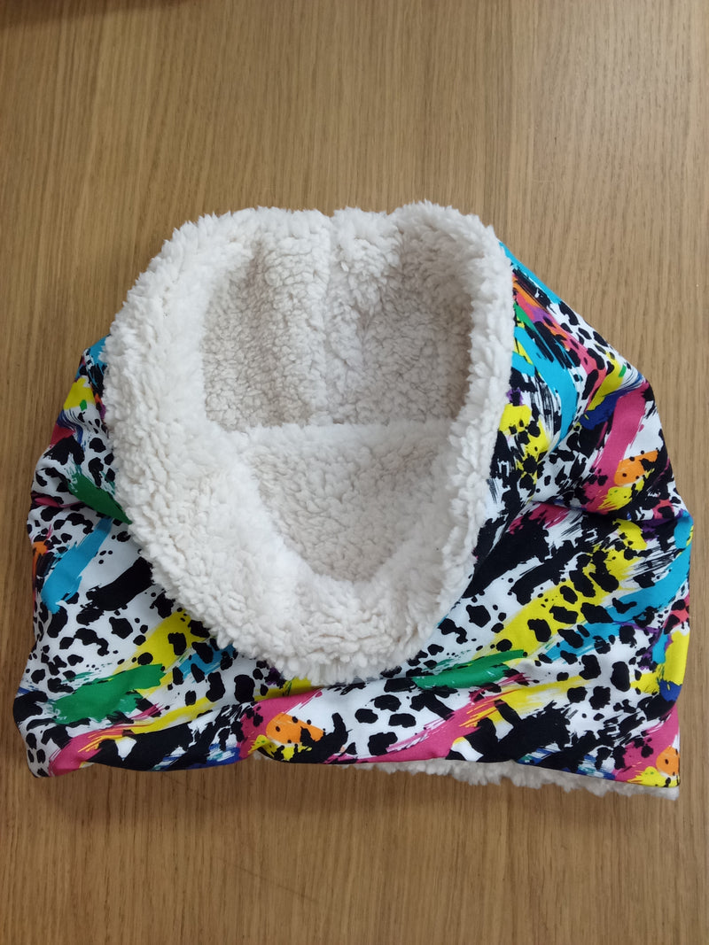 Neck warmer/snood - black,white and neon splashes print