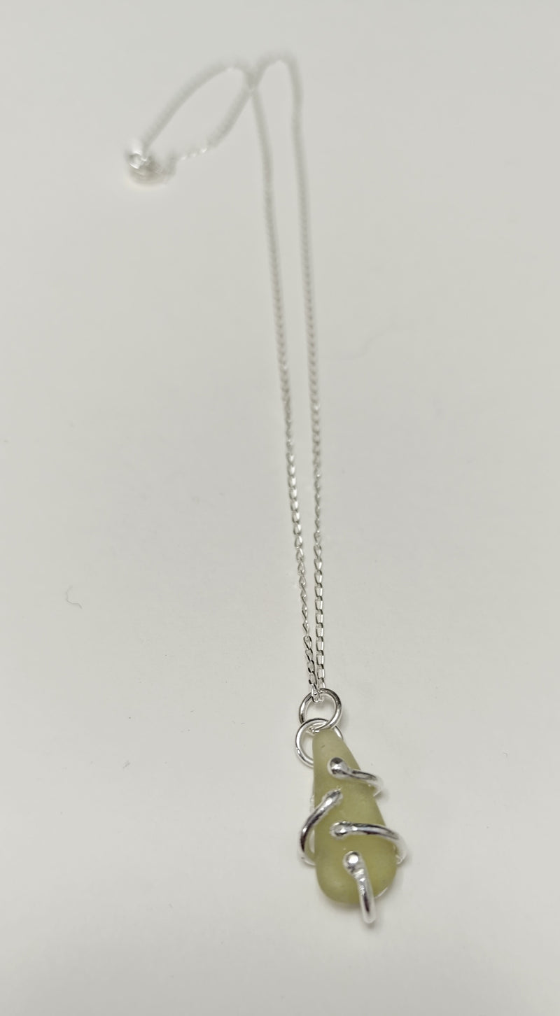 Scottish sea glass 'Roots Wrap' sterling silver pendant (green)