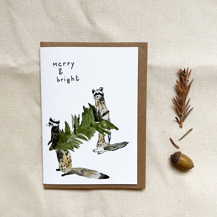 Merry & bright raccoons Christmas tree card