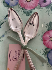 'Mr & Mrs' hand stamped vintage teaspoons boxed set