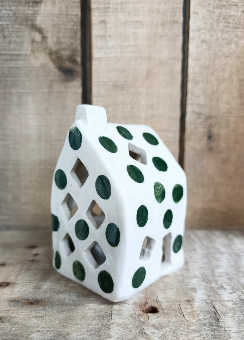 Ceramic house tealight holder - white with green spots