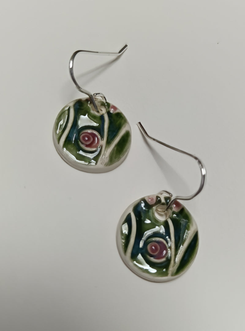 Ceramic circle drop earrings - white, green & pink abstract design