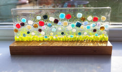 Wildflower glass picture on oak base