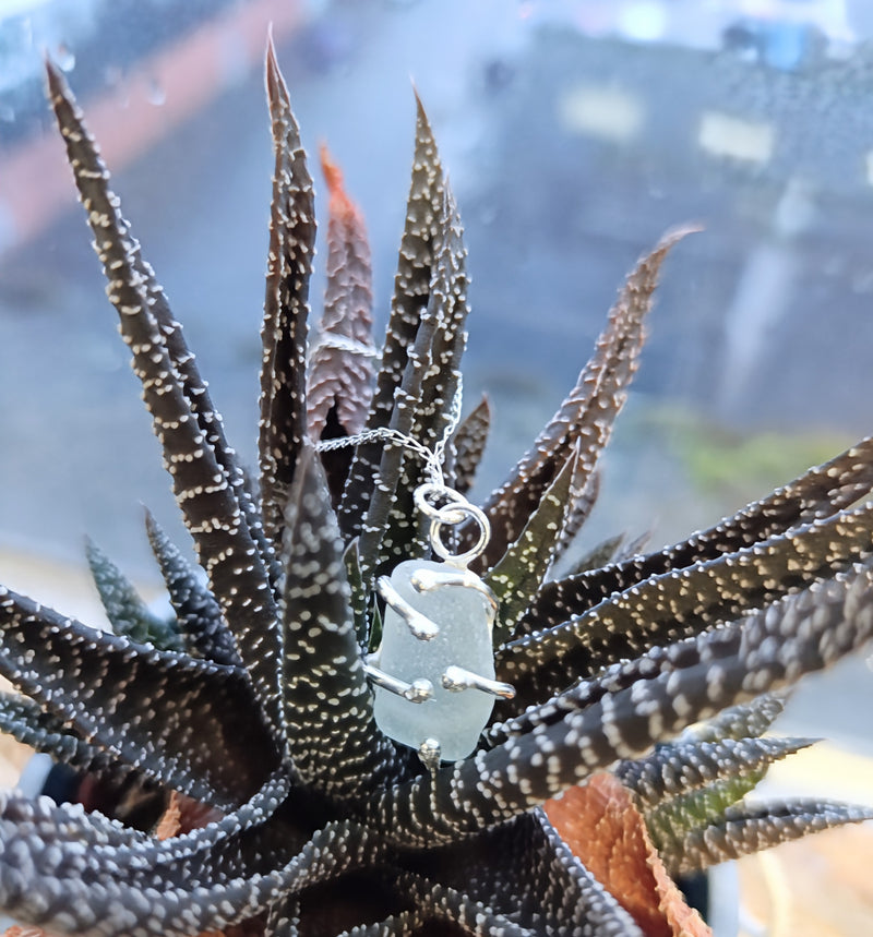 Scottish sea glass 'Roots Wrap' sterling silver pendant (white)