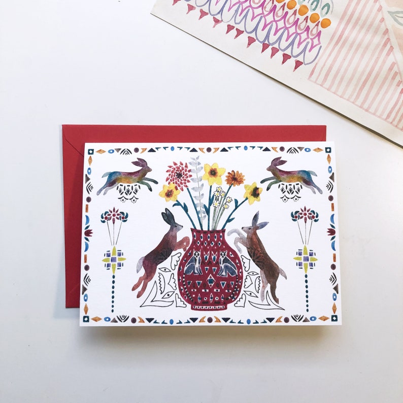 Illustrated card - Vase and hares