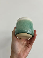 Hand thrown mug - pale green drippy glaze