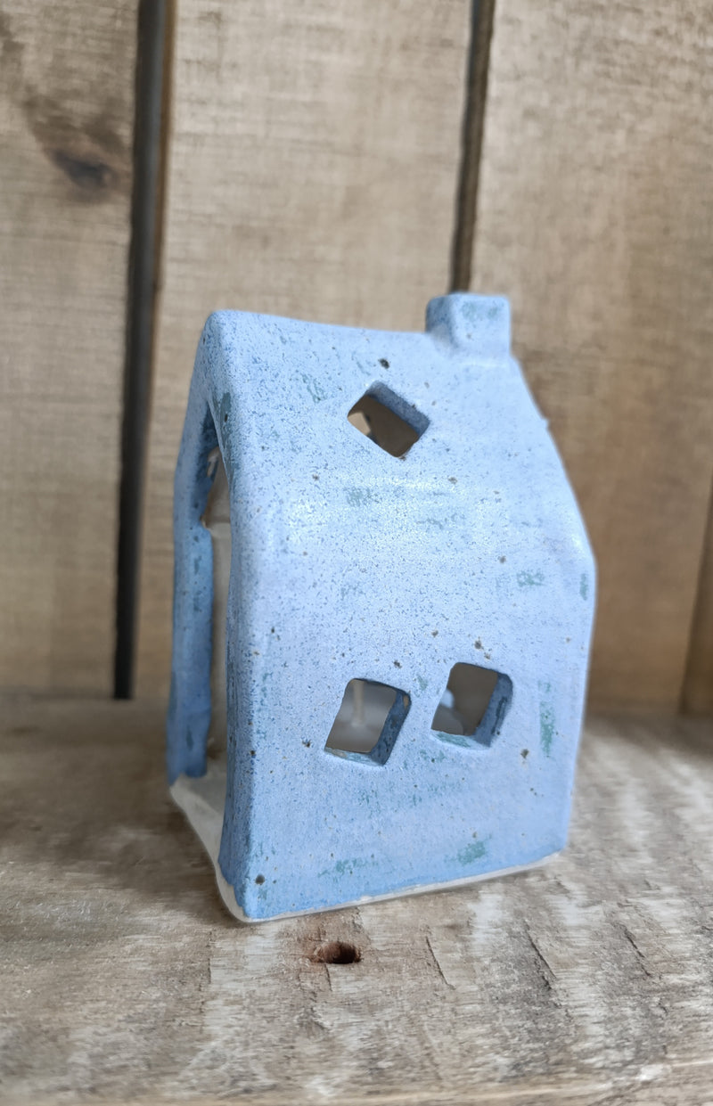 Ceramic house tealight holder - matte denim blue