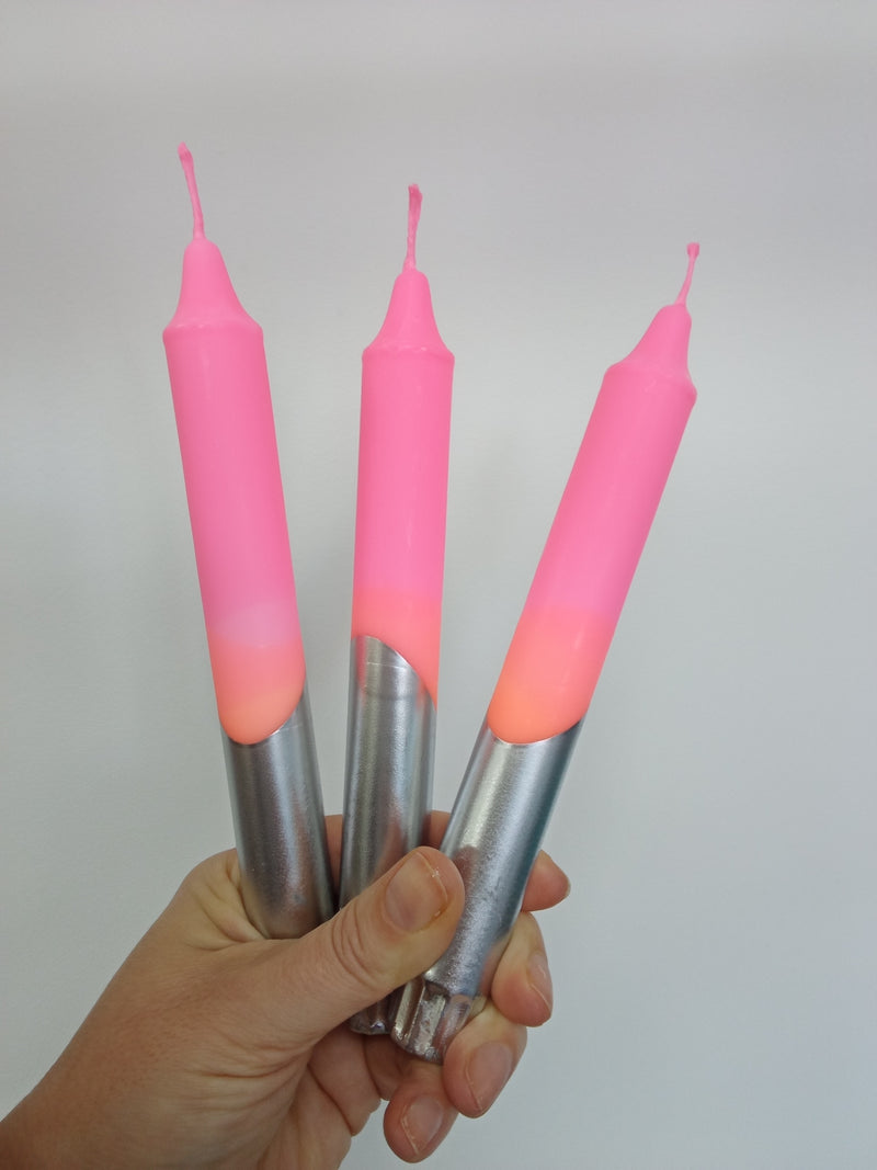 Neon pink and corals with silver base ombre dinner candles