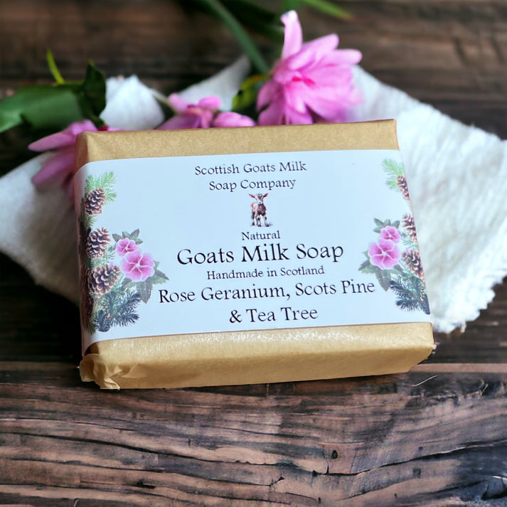 Handmade goats milk soap - rose, geranium, Scots pine & tea tree