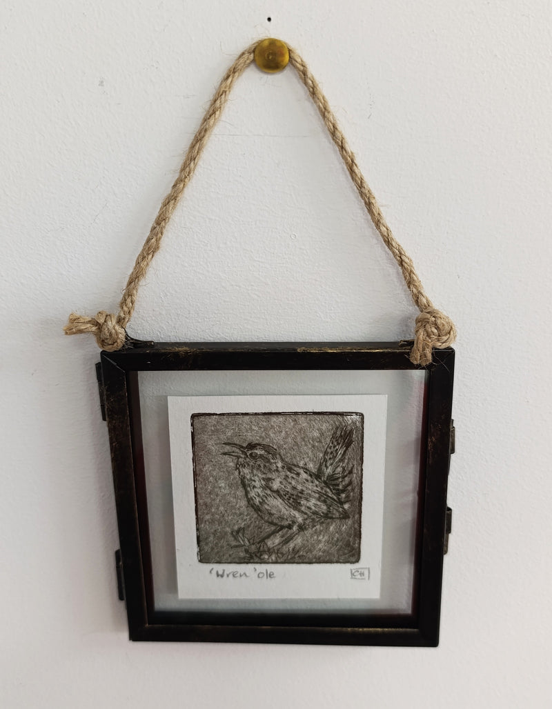 Mini framed Wren drypoint print