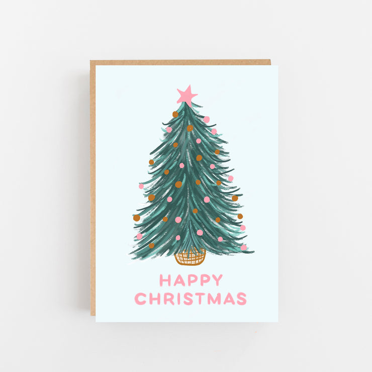 Happy Christmas tree with pink star card