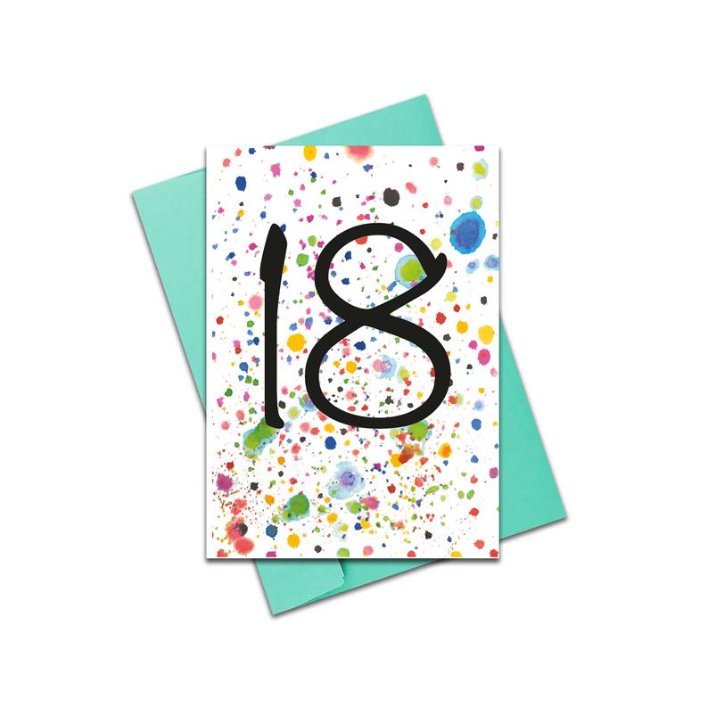 Age 18 - multicoloured paint splashes card