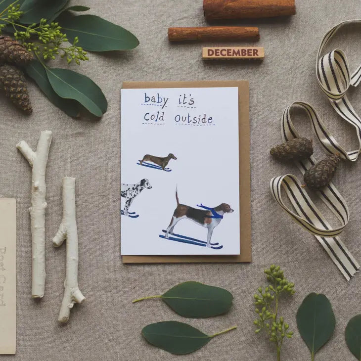 Baby it's cold outside skiing dogs Christmas card