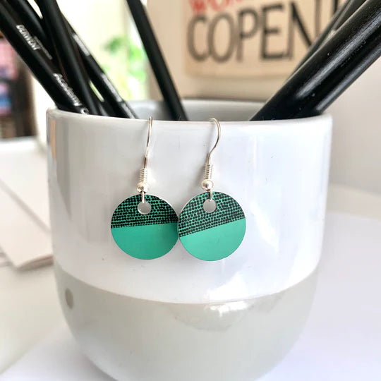 'Balance' round printed aluminium earrings (green, mustard or orange)