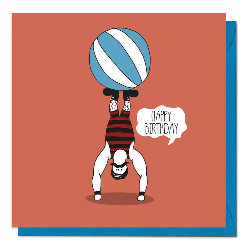 Happy birthday circus handstand man with ball card