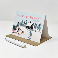 Happy Christmas girl with pink sledge & dog card