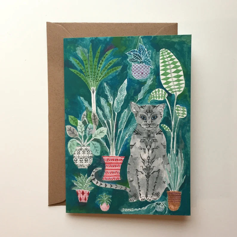 Illustrated cat and plants card