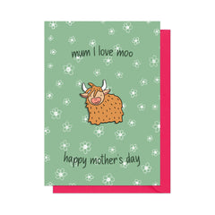 Mum I love moo - happy mother's day highland cow pin badge card