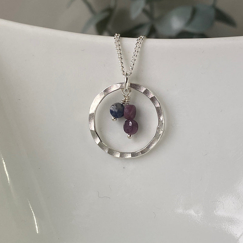 Sterling silver necklace with sapphire and ruby beads