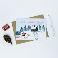 Happy Christmas girl with pink sledge & dog card