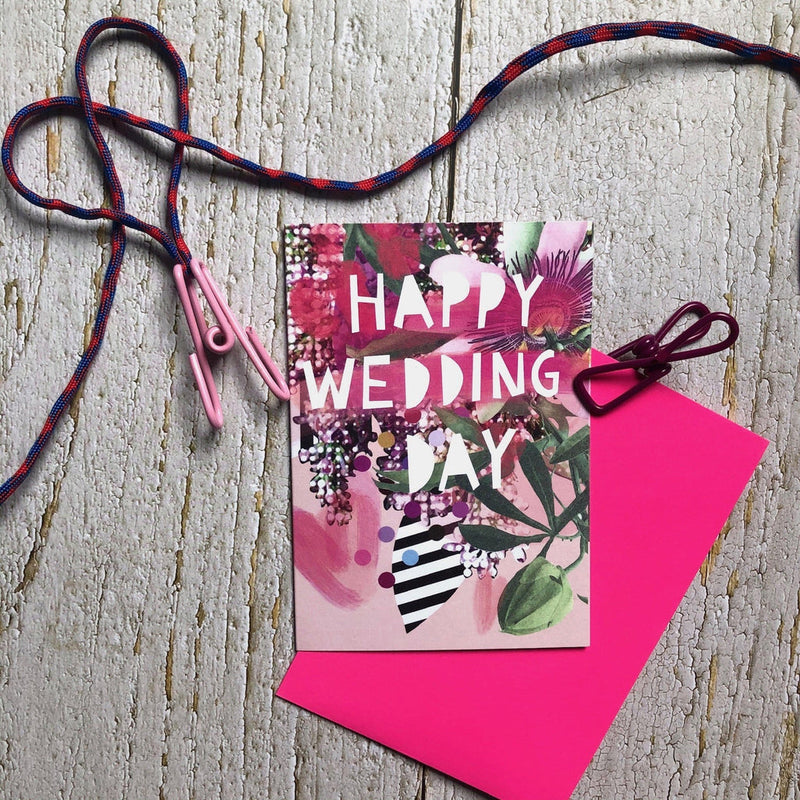 Happy wedding day pink flowers and stripes card