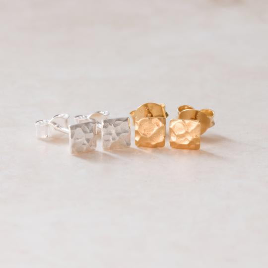 Stud earrings – hammered square (Sterling Silver or 18ct Yellow Gold Vermeil)