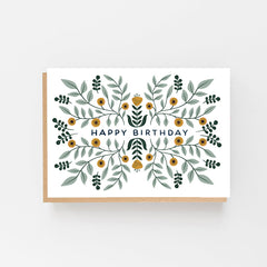 Happy birthday flower & leaf pattern card (green & mustard)