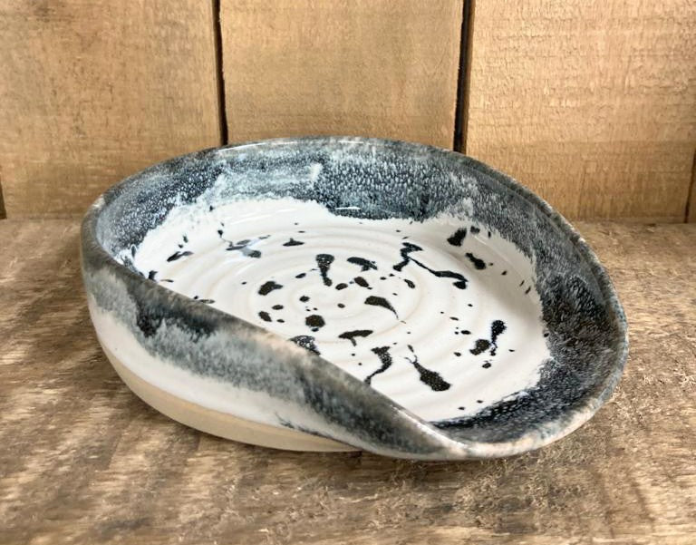 Ceramic spoon rest - charcoal grey & white glaze