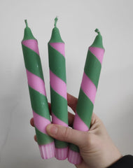 Green and pale pink stripe dinner candle