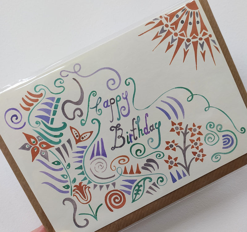 Happy birthday sun and flowers illustrated card