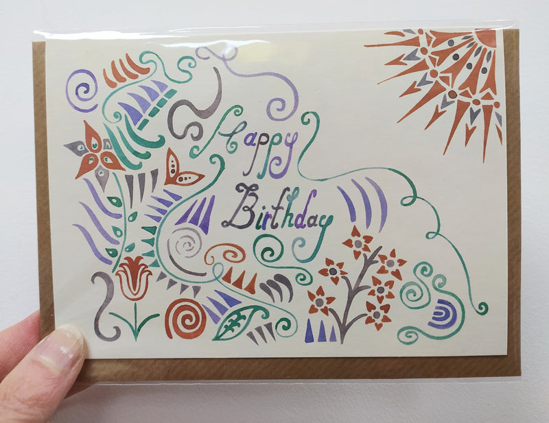 Happy birthday sun and flowers illustrated card