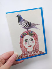 Illustrated card - woman with pigeon