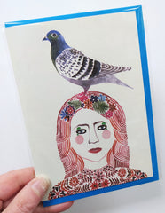 Illustrated card - woman with pigeon
