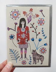 Illustrated card - girl and dog