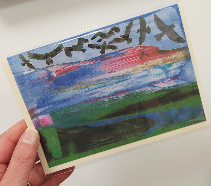 Illustrated card - birds in a rainbow sky