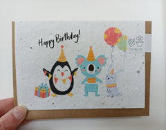 Plantable happy birthday penguin, koala & rabbit with balloons card