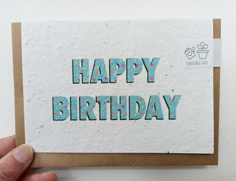 Plantable happy birthday bright blue with triangles card