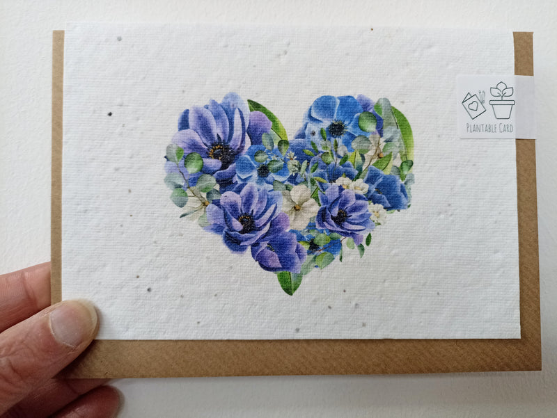 Plantable heart with blue & purple flowers card