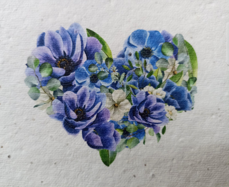 Plantable heart with blue & purple flowers card