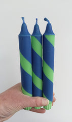 Blue and  green stripe dinner candles