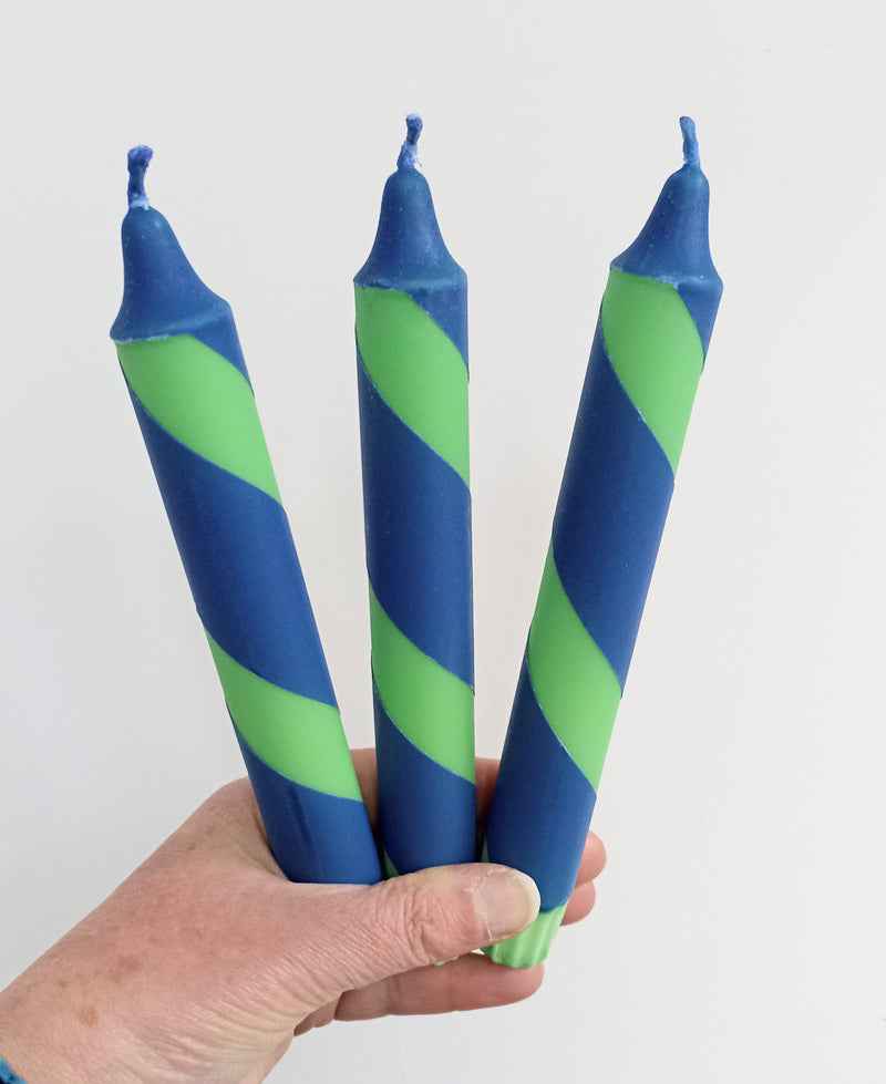 Blue and  green stripe dinner candles