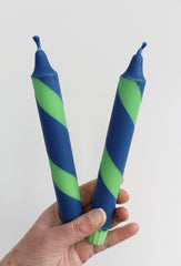 Blue and  green stripe dinner candles